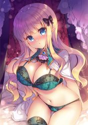 Rule 34 | 1girl, blonde hair, blue eyes, blunt bangs, bra, breasts, brooch, cape, cleavage, green bra, green panties, hand on own cheek, hand on own face, highres, jewelry, large breasts, lingerie, long hair, looking at viewer, navel, panties, parted lips, pointy ears, princess connect!, saren (princess connect!), sidelocks, sitting, solo, stomach, suzunone rena, thighhighs, thighs, underwear, underwear only, wing collar