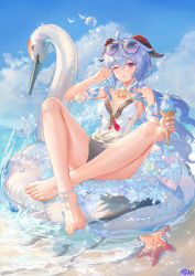 Rule 34 | 1girl, absurdres, ahoge, air bubble, anklet, artist name, atdan, aviator sunglasses, bare legs, bare shoulders, barefoot, bell, blue hair, breasts, bubble, cloud, crossed ankles, day, dress, eyewear on head, feet, food, full body, ganyu (genshin impact), genshin impact, hair between eyes, halterneck, hand up, highres, holding, holding food, horns, ice cream, ice cream cone, inflatable toy, innertube, jewelry, long hair, looking at viewer, medium breasts, neck bell, one eye closed, outdoors, parted lips, pelvic curtain, purple eyes, sitting, sleeveless, sleeveless dress, slime (genshin impact), solo, starfish, sunglasses, swim ring, tassel, toes, very long hair, water, white dress