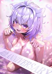 Rule 34 | 1girl, animal ears, anniversary, ass, blush, breasts, cat ears, cat tail, censored, collarbone, completely nude, falling petals, gradient background, highres, hololive, hololive gamers, kajimakoto, kneeling, large breasts, looking at viewer, matching hair/eyes, nekomata okayu, novelty censor, nude, open mouth, paw pose, petals, purple background, purple eyes, purple hair, short hair, smile, solo, tail, virtual youtuber