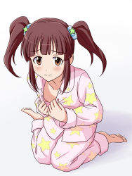 Rule 34 | 1girl, barefoot, blunt bangs, blush, brown eyes, brown hair, closed mouth, collarbone, flat chest, full body, hair ornament, hair scrunchie, idolmaster, idolmaster cinderella girls, kneeling, knees together feet apart, lielos, light frown, long hair, long sleeves, looking at viewer, nipples, ogata chieri, pajamas, pajamas pull, pulling own clothes, raised eyebrows, scrunchie, sidelocks, simple background, solo, star (symbol), star hair ornament, star print, tareme, twintails, white background
