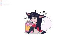 Rule 34 | 1girl, absurdres, ahri (league of legends), animal ears, bead anklet, blush, crying, eating, facial mark, food, fox ears, fox girl, fox tail, highres, ice cream, korean clothes, kyuubi, league of legends, long hair, odeko yma, sad, simple background, sitting, solo, tail, tearing up, white background