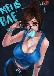 Rule 34 | 1girl, absurdres, bandaid, beads, bracelet, breasts, brown eyes, brown hair, character name, chromatic aberration, cleavage, covered erect nipples, food, glasses, hair bun, hair ornament, hair stick, hairpin, highres, holding, ice cream, jewelry, large breasts, looking at viewer, mei (overwatch), monori rogue, mouth hold, overwatch, overwatch 1, removing eyewear, short hair, single hair bun, solo, tank top