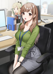Rule 34 | 1boy, 2girls, :3, akaori umeka, between legs, black bow, black pantyhose, blush, bow, breasts, brown eyes, brown hair, chair, cleavage, commentary request, computer, doushimasho, earrings, faceless, faceless male, green shirt, grey skirt, hair bow, hair over shoulder, hand between legs, highres, id card, indoors, jewelry, keyboard (computer), lanyard, large breasts, long hair, long sleeves, looking at viewer, sawamoto mikan, mole, mole under mouth, monitor, mouse (computer), multiple girls, office, office chair, office lady, open mouth, original, pantyhose, pencil skirt, phone, ponytail, shirt, shirt tucked in, sidelocks, sitting, skirt, solo focus, swept bangs, swivel chair, tongue, tongue out, v-neck, watch, wristwatch