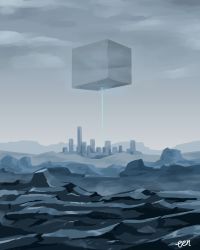 Rule 34 | absurdres, building, cloud, cloudy sky, commentary request, dark, fantasy, floating, highres, itami (itami gomi), no humans, original, scenery, science fiction, signature, sky
