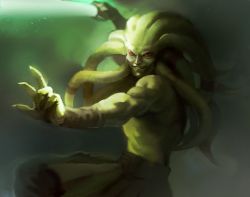 Rule 34 | 1boy, alien, energy sword, eye (chabosu), fighting stance, green lightsaber, grin, jedi, kit fisto, lightsaber, long hair, looking at viewer, male focus, manly, muscular, no pupils, realistic, red eyes, science fiction, topless male, smile, solo, star wars, swimming, sword, tentacle hair, underwater, weapon