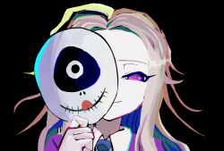 Rule 34 | 1boy, black background, blonde hair, blue necktie, closed mouth, collared shirt, commentary request, hand up, highres, holding, holding mask, jacket, kutsuri, long hair, looking at viewer, makoto kagutsuchi, male focus, mask, master detective archives: rain code, necktie, purple eyes, purple jacket, shirt, simple background, smile, solo, spoilers, symbol in eye, upper body, white shirt