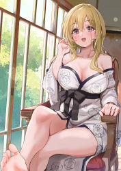 Rule 34 | 1girl, :d, absurdres, after bathing, blonde hair, blush, breasts, cleavage, collarbone, crossed legs, fang, floral print, hand in own hair, highres, idolmaster, idolmaster cinderella girls, indoors, japanese clothes, kimono, kurosaki chitose, large breasts, looking at viewer, off shoulder, on chair, open mouth, pizzasi, ryokan, sitting, skin fang, smile, soles, solo, sweatdrop, white kimono, wide sleeves