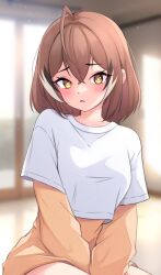 Rule 34 | 1girl, ahoge, alternate costume, alternate hairstyle, blurry, blurry background, blush, brown eyes, brown hair, crop top, crossed bangs, highres, hololive, hololive english, indoors, light rays, looking at viewer, multicolored hair, nanashi mumei, no pants, open mouth, sairen, shirt, short hair, sliding doors, streaked hair, virtual youtuber, white shirt, yellow shirt