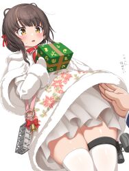 Rule 34 | 1girl, 1other, bell, blush, box, brown eyes, brown hair, capelet, cowboy shot, dd (ijigendd), dress, gift, gift box, highres, holding, holding gift, kantai collection, long sleeves, mittens, official alternate costume, open mouth, pov, pov hands, short hair with long locks, sidelocks, simple background, thighhighs, ukuru (kancolle), white background, white capelet, white dress, white mittens, white thighhighs