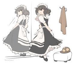 Rule 34 | 1girl, black eyes, black footwear, black hair, blush, brown hair, changing clothes, dress, fitting room, full body, hat, high heels, highres, looking at mirror, maid, mirror, original, short hair, simple background, skirt, smile, solo, temmie chang, temmie chang (character)