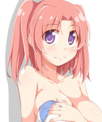 Rule 34 | 1girl, blush, breasts, covering privates, covering breasts, dou-t, female focus, highres, large breasts, looking at viewer, mikakunin de shinkoukei, out-of-frame censoring, pink hair, purple hair, short hair, sideboob, smile, solo, topless, topless frame, twintails, two side up, upper body, yonomori kobeni