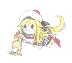 Rule 34 | admiral (kancolle), animal, animalization, beret, black eyes, blonde hair, cat, clothed animal, commentary request, dainamitee, dress, hair between eyes, hat, holding, kantai collection, long hair, military hat, multicolored clothes, multicolored dress, multicolored scarf, non-human admiral (kancolle), peaked cap, pom pom (clothes), richelieu (kancolle), scarf, smile, tail, white background