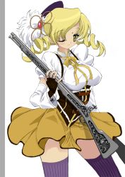 Rule 34 | 10s, 1girl, blonde hair, breasts, corset, detached sleeves, drill hair, fingerless gloves, gloves, gun, large breasts, legs, magical musket, mahou shoujo madoka magica, mahou shoujo madoka magica (anime), one eye closed, rifle, solo, thighhighs, thighs, tomoe mami, toshi (little-fluffy-cloud), weapon, wink, yellow eyes