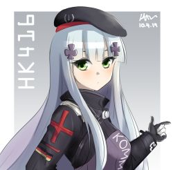 Rule 34 | 1girl, beret, black gloves, black hat, blue hair, blunt bangs, border, closed mouth, commentary, cross, dated, from side, girls&#039; frontline, gloves, gradient hair, green eyes, hat, highres, hk416 (girls&#039; frontline), iron cross, jacket, klaius, long hair, long sleeves, looking at viewer, looking to the side, multicolored hair, purple hair, signature, solo, white border