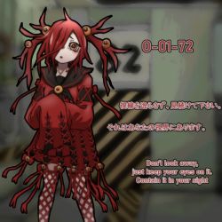 Rule 34 | 1girl, blush, brooch, cross-laced clothes, cross-laced dress, cross-laced sleeves, detached sleeves, dress, english text, eyeball, eyeball hair ornament, fishnet thighhighs, fishnets, hair over one eye, huyusaki taiga, jewelry, lobotomy corporation, long hair, neck ribbon, open mouth, personification, project moon, red hair, ribbon, sailor dress, sleeves past fingers, sleeves past wrists, solo, the burrowing heaven, thighhighs, translation request, twintails, yellow eyes