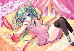 Rule 34 | 1girl, apple, aqua hair, bad id, bad pixiv id, bed, blue eyes, female focus, food, frilled pillow, frills, fruit, hatsune miku, indoors, kneehighs, kosuzume, lace, long hair, pillow, romeo to cinderella (vocaloid), sitting, socks, solo, thighhighs, twintails, vocaloid