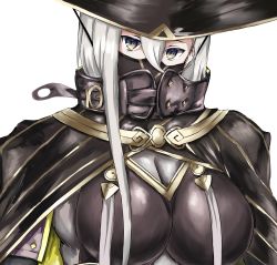 Rule 34 | 1girl, armor, black cape, breastplate, breasts, cape, fate/grand order, fate (series), green cape, grey eyes, hair between eyes, hat, high collar, highres, huyan zhuo (fate), huyan zhuo (first ascension) (fate), jingasa, large breasts, long hair, looking at viewer, mask, mouth mask, sanrei chihiro, solo, two-tone cape, white hair
