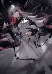 Rule 34 | 1girl, absurdres, arknights, black dress, black ribbon, dress, flower, hand in own hair, hand on own stomach, highres, horns, infection monitor (arknights), long hair, looking at viewer, onlly, pink hair, puffy sleeves, red eyes, red flower, ribbon, simple background, theresa (arknights), white dress, white hair