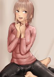 Rule 34 | 1girl, :d, absurdres, barefoot, blush, brown eyes, brown hair, fingers to cheeks, grey background, highres, kilye kairi, latex pants, long sleeves, looking at viewer, mole, mole under eye, open mouth, original, pink sweater, simple background, sitting, smile, solo, sweater