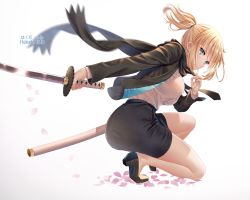 Rule 34 | 1girl, artist name, black scarf, black skirt, blonde hair, blue jacket, bow, breasts, brown jacket, commentary request, dress, dress shirt, fate/grand order, fate (series), floating neckwear, floating scarf, from side, hair tie, hakuda tofu, hand up, high heels, holding, holding sword, holding weapon, jacket, katana, large breasts, long sleeves, looking at viewer, miniskirt, necktie, okita souji (fate), okita souji (koha-ace), on one knee, open clothes, open jacket, pencil dress, pencil skirt, petals, ponytail, scarf, shirt, shirt tucked in, shoes, short hair, skirt, solo, sword, weapon, white shirt