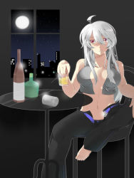 Rule 34 | 1girl, ahoge, alcohol, barefoot, belt, blouse, blush, breasts, cleavage, crying, crying with eyes open, detached sleeves, full moon, grey shirt, highres, large breasts, long hair, moon, navel, neko meshi, night, open belt, open clothes, panties, ponytail, red eyes, ribbon, shirt, silver hair, solo, tears, underwear, unzipped, vocaloid, yowane haku