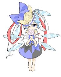 Rule 34 | barefoot, blue eyes, blue hair, candy, cirno, cosplay, food, hat, lollipop, lowres, poketto, ribbon, shiki eiki, shiki eiki (cosplay), short hair, solo, swirl lollipop, touhou, wings
