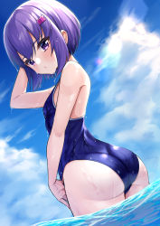 Rule 34 | 1girl, absurdres, arm up, ass, bare arms, bare shoulders, blue one-piece swimsuit, blue sky, breasts, closed mouth, competition school swimsuit, day, from behind, hair ornament, hairclip, hand in own hair, highres, looking at viewer, looking back, one-piece swimsuit, outdoors, purple eyes, purple hair, school swimsuit, short hair, sky, small breasts, solo, swimsuit, tenneko yuuri, voiceroid, wading, water, wet, wet clothes, wet swimsuit, yuzuki yukari, yuzuki yukari (shizuku)