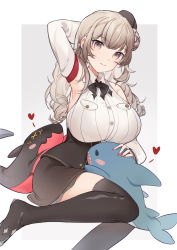 Rule 34 | 1girl, absurdres, ariko (aaaaarik), arm up, armpits, azur lane, bare shoulders, black bow, black bowtie, black dress, black footwear, black hat, black skirt, boots, bow, bowtie, braid, breast pocket, breasts, brown eyes, closed mouth, collared shirt, commentary, detached sleeves, dress, drill hair, drill sidelocks, grey hair, hat, heart, highres, holding, holding toy, large breasts, long hair, looking at viewer, luetzow (azur lane), mini hat, nail polish, pocket, red nails, shirt, sidelocks, sitting, skindentation, skirt, sleeveless, sleeveless shirt, smile, solo, stuffed animal, stuffed shark, stuffed toy, symbol-only commentary, thigh boots, thighhighs, toy, white background, white shirt, white sleeves, zettai ryouiki
