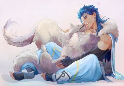 Rule 34 | 1boy, animal, animal hug, black footwear, black gloves, blue hair, blue pants, closed eyes, collarbone, commentary, cu chulainn (caster) (fate), cu chulainn (fate), earrings, elbow gloves, english commentary, fate/grand order, fate (series), fur trim, gloves, gravesecrets, highres, jewelry, licking, licking another&#039;s face, male focus, mature male, open mouth, pants, ring, sharp teeth, simple background, solo, teeth, toeless footwear, white background, white wolf, wolf