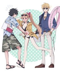 Rule 34 | 1girl, 2boys, alternate costume, alternate hairstyle, bag, barefoot, belt, belt buckle, bikini, black bikini, black footwear, black hair, blonde hair, blue shirt, blush, breasts, brown belt, brown footwear, brown shorts, buckle, buttons, camouflage, camouflage shorts, cleavage, closed eyes, closed mouth, collarbone, command spell, commentary, ereshkigal (fate), eyewear on head, fate/grand order, fate (series), floral print, fujimaru ritsuka (male), fujimaru ritsuka (male) (tropical summer), gilgamesh, gilgamesh (caster) (fate), gilgamesh (establishment) (fate), gilgamesh (fate), gilgamesh (sensha otoko) (fate), hair ribbon, hand in pocket, hawaiian shirt, highres, hinata (eine blume), holding, holding swim ring, hood, hood down, hooded jacket, innertube, jacket, long hair, medium breasts, multiple boys, navel, official alternate costume, open clothes, open jacket, open mouth, pants, ponytail, red eyes, red ribbon, ribbon, sandals, shirt, shoes, short hair, shorts, sleeves rolled up, smile, sunglasses, sweatdrop, swim ring, swimsuit, symbol-only commentary, toes, transparent bag, very long hair, white pants, yellow jacket