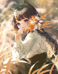 Rule 34 | 1girl, 2nii, :d, animal ears, black hair, black ribbon, black skirt, blunt bangs, blurry, bouquet, braid, collared shirt, dappled sunlight, day, depth of field, field, flower, from side, hand on own cheek, hand on own face, hands up, holding, holding bouquet, holding flower, hololive, hololive english, long hair, long sleeves, looking at viewer, looking to the side, loose clothes, mole, mole under eye, multicolored hair, nature, ninomae ina&#039;nis, open mouth, orange hair, outdoors, pantyhose, puffy sleeves, purple eyes, ribbon, shirt, sidelocks, sitting, skirt, smile, streaked hair, sunlight, teeth, twin braids, twintails, very long hair, virtual youtuber, wheat field, white shirt