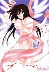 Rule 34 | 00s, 1girl, arms up, black hair, breasts, fingerless gloves, gloves, gokurakuin sakurako, highres, large breasts, long hair, midriff, musubi, naked ribbon, open mouth, red eyes, ribbon, sekirei, solo, tattoo, thigh gap, thighhighs, thighs, underboob, white thighhighs, wings