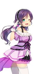Rule 34 | 10s, 1girl, ;d, aqua eyes, bow, collar, collarbone, dress, earrings, gloves, headdress, highres, jewelry, kira-kira sensation!, long hair, love live!, love live! school idol project, miu91 (miu91 ), one eye closed, open mouth, purple bow, purple dress, purple hair, see-through, simple background, smile, solo, thighhighs, tojo nozomi, twintails, white background, white gloves, white thighhighs, zettai ryouiki