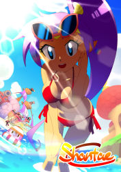 Rule 34 | 2girls, :&lt;, alternate costume, bandana, bare arms, bare legs, bare shoulders, bikini, black eyes, blue eyes, blue sky, breasts, building, character name, chibi, circlet, cleavage, cloud, collarbone, colored skin, copyright name, covered erect nipples, crow&#039;s nest, eyelashes, eyewear on head, feet out of frame, flower, frown, gluteal fold, hair between eyes, hair tubes, tucking hair, hand on own knee, hand up, high ponytail, highres, horizon, ichi2649, ladder, leaning forward, lens flare, lifebuoy, long hair, looking at viewer, mast, medium breasts, middle eastern architecture, multiple girls, navel, open mouth, outdoors, partially submerged, pink-framed eyewear, pirate ship, pointy ears, purple hair, purple skin, rainbow, red bikini, risky boots, sail, shantae, shantae: half-genie hero, shantae (series), side-tie bikini bottom, skull, sky, smile, snail, solid eyes, sunglasses, sunlight, swim ring, swimsuit, teeth, tinkerbat, tinkerslug, upper teeth only, very long hair, water, white bandana