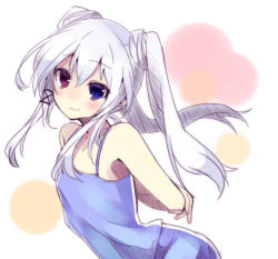 Rule 34 | 1girl, arms behind back, bad id, bad pixiv id, blue eyes, blush, camisole, ciel sacred, hair ornament, heterochromia, long hair, mishima kurone, original, red eyes, sidelocks, smile, solo, twintails, white hair