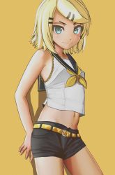Rule 34 | 1girl, aruman, bad id, bad pixiv id, bare shoulders, belt, black shorts, blonde hair, blue eyes, blush, breasts, crop top, female focus, hair ornament, highres, kagamine rin, looking at viewer, midriff, navel, neckerchief, shirt, short hair, short shorts, shorts, simple background, sleeveless, sleeveless shirt, small breasts, smile, solo, standing, vocaloid, white shirt, yellow background, yellow neckerchief