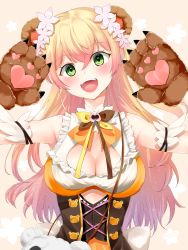 Rule 34 | 1girl, :d, absurdres, animal bag, animal ears, animal hands, arm garter, arms up, bad id, bad pixiv id, bare shoulders, bear bag, bear ears, bear girl, bear paws, bell, blonde hair, blush, bodice, bow, bowtie, breasts, cleavage cutout, clothing cutout, corset, cutout above navel, flower, frilled shirt, frills, gloves, gradient hair, green eyes, hair flower, hair ornament, head tilt, highres, hololive, jingle bell, large breasts, long hair, looking at viewer, momosuzu nene, multicolored hair, multicolored neckwear, neck bell, open mouth, orange shirt, paw gloves, paw pose, peach ornament, pink hair, shirt, sleeveless, sleeveless shirt, smile, solo, straight-on, teeth, umitorin, underbust, upper body, upper teeth only, virtual youtuber
