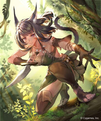 1girl animal_ears armlet armpits bare_shoulders belt_pouch breasts brown_gloves brown_hair cat_ears cat_girl cat_tail closed_mouth collarbone commentary_request company_name day dress facial_mark foliage forest gloves grass green_dress highres holding holding_knife jewelry kneeling knife large_breasts light_particles light_rays looking_at_viewer managarmr_scout_(shadowverse) medium_hair nature necklace official_art outdoors plant pouch purple_eyes sandals serious shadowverse single_glove sleeveless sleeveless_dress slit_pupils solo sorax2112 tail tree vines wavy_hair