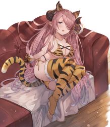Rule 34 | 1girl, animal ears, animal print, ass, ayacho, bikini, blue eyes, blush, braid, breasts, commentary request, couch, draph, fake animal ears, fake tail, full body, fur trim, gloves, granblue fantasy, hair over one eye, highres, horns, large breasts, lips, long hair, looking at viewer, narmaya (granblue fantasy), open mouth, pink hair, pointy ears, simple background, sitting, swimsuit, tail, thighhighs, thighs, tiger print