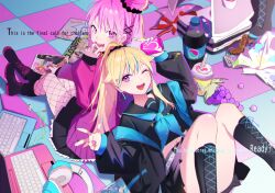Rule 34 | 2girls, blonde hair, blush, bow, cola, computer, cup, drinking straw, english text, food, fruit, grapes, headphones, himehina channel, laptop, long hair, looking at viewer, multicolored hair, multiple girls, nogi lace, open mouth, pink hair, purple eyes, shirt, streaked hair, suzuki hina, tanaka hime, virtual youtuber