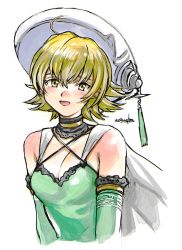 Rule 34 | .hack//, .hack//g.u., 1girl, 203wolves, :d, ahoge, atoli (.hack//), blonde hair, breasts, cape, cleavage, collarbone, criss-cross halter, cropped torso, detached sleeves, dress, green dress, green sleeves, hair between eyes, halterneck, hat, looking at viewer, open mouth, short hair, simple background, sleeveless, sleeveless dress, smile, solo, upper body, white background, white cape, white hat, yellow eyes