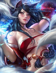 Rule 34 | 1girl, ahri (league of legends), animal ears, bare shoulders, black hair, braid, breasts, brown eyes, cleavage, female focus, fox ears, fox tail, korean clothes, large breasts, league of legends, lips, long hair, looking at viewer, multiple tails, navel, open mouth, parted lips, ponytail, sakimichan, smile, solo, tail, torn clothes, watermark, yellow eyes