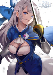 Rule 34 | 1girl, badge, blue bow, blue cape, blue eyes, blunt bangs, bow, braid, breasts, canking, cape, character request, cleavage, french braid, gauntlets, hair bow, hair ornament, hairclip, highres, holding, holding sword, holding weapon, jacket, large breasts, logo, long hair, mystic emissary of wonder, open mouth, rapier, sidelocks, skirt, smile, solo, strap, sword, tsurime, upper body, weapon, white hair, white skirt