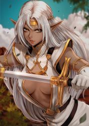 Rule 34 | 1girl, armband, breasts, brown eyes, circlet, cleavage cutout, clothing cutout, cloud, dark-skinned female, dark skin, elf, forest, gloves, headpiece, highres, leaf, lips, long hair, magion02, nature, parted lips, pirotess, pointy ears, record of lodoss war, sheath, solo, sword, tree, unsheathing, weapon, white hair
