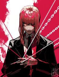 Rule 34 | 1girl, black coat, black jacket, black necktie, black pants, blood, blood on clothes, blood on face, blood on hands, chain, chainsaw man, coat, collared shirt, formal, hair over one eye, highres, jacket, looking at viewer, makima (chainsaw man), medium hair, necktie, own hands together, pants, red theme, ringed eyes, seilo art, shirt, shirt tucked in, sidelocks, smile, solo, suit, suit jacket, white shirt, yellow eyes