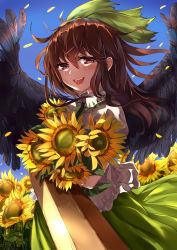 Rule 34 | 1girl, arm cannon, black wings, blue sky, bow, brown hair, day, denpajin-ryuushi, dress, feathered wings, floating hair, flower, green bow, green dress, hair bow, highres, holding, holding flower, long hair, looking at viewer, outdoors, petals, red eyes, reiuji utsuho, shirt, sky, smile, solo, summer, sunflower, touhou, weapon, white shirt, wind, wings