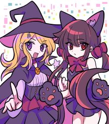 Rule 34 | 2girls, :d, akamatsu kaede, animal ears, animal hands, black cape, black dress, black headwear, black skirt, blonde hair, bow, bowtie, breasts, brown hair, cape, cat ears, cowboy shot, danganronpa (series), danganronpa v3: killing harmony, dress, hair ornament, hair scrunchie, halloween costume, harukawa maki, hat, hichimochi (4gdq1cyagsnyqqz), highres, holding, holding wand, index finger raised, long hair, low twintails, medium breasts, mole, mole under eye, multicolored background, multiple girls, open mouth, parted lips, pleated skirt, purple eyes, red bow, red bowtie, red eyes, red scrunchie, red skirt, scrunchie, skirt, smile, strapless, strapless dress, teeth, twintails, wand, witch hat