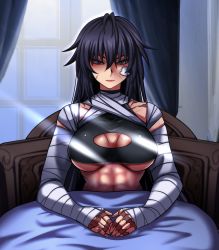 Rule 34 | 1girl, abs, antenna hair, bandages, bandaged arm, bandages, bandaid, bandaid on face, bed sheet, black hair, breasts, brown eyes, cleavage, cleavage cutout, clothing cutout, crop top, highres, indoors, large breasts, long hair, m.u.g.e.n, original, scar, sendai hakurei no miko, sitting, solo, touhou, under covers, underboob, yagami (mukage)