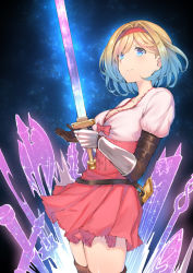 Rule 34 | 1girl, axe, black thighhighs, blonde hair, blue eyes, blush, breasts, commentary request, djeeta (granblue fantasy), gauntlets, granblue fantasy, hairband, highres, holding, holding sword, holding weapon, kaname (melaninusa09), long sleeves, medium breasts, red hairband, short hair, smile, solo, sword, thighhighs, weapon