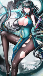 Rule 34 | 1girl, absurdres, areola slip, arknights, bad id, bad pixiv id, bare shoulders, bead bracelet, beads, black footwear, black hair, black pantyhose, blue dress, blue hair, blue skin, bracelet, breasts, calligraphy brush, colored skin, covered navel, dragon, dragon girl, dragon horns, dragon tail, dress, dusk (arknights), dusk (everything is a miracle) (arknights), earrings, gradient skin, heart, heart-shaped pupils, high heels, highres, holding, holding brush, horns, ink, invisible chair, jewelry, knee up, large breasts, long hair, looking at viewer, minuolin, multicolored hair, nipple slip, nipples, official alternate costume, open clothes, open dress, paintbrush, pantyhose, parted lips, pelvic curtain, pointy ears, sitting, sleeveless, sleeveless dress, solo, streaked hair, symbol-shaped pupils, tail, tassel, tassel earrings, torn clothes, torn pantyhose, two-tone hair, very long hair, yellow eyes